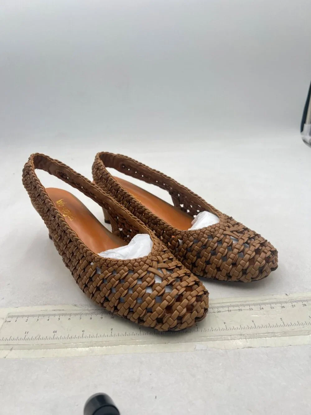 Brown Women's Slingback Strap Square Toe Pump Slip On Kitten Heels Woven Sandals